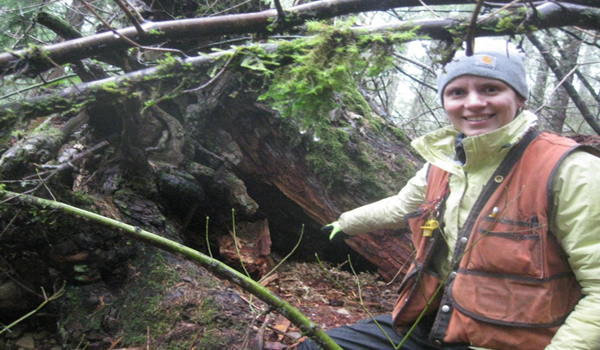 Vanessa points to the den where we located the female black bear and her cub.