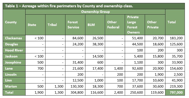 Acreage within fire perimeters chart by county and ownership class