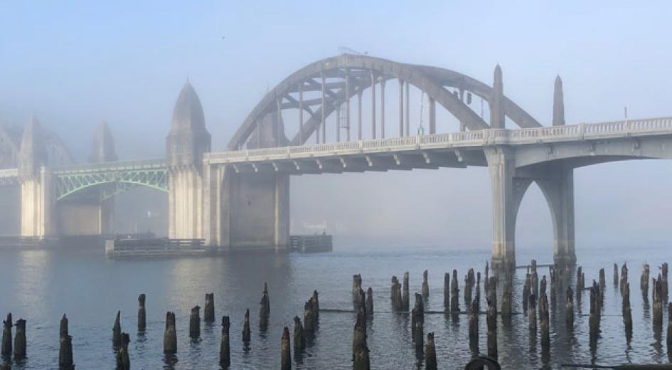 Bridge at the coast with fog. 