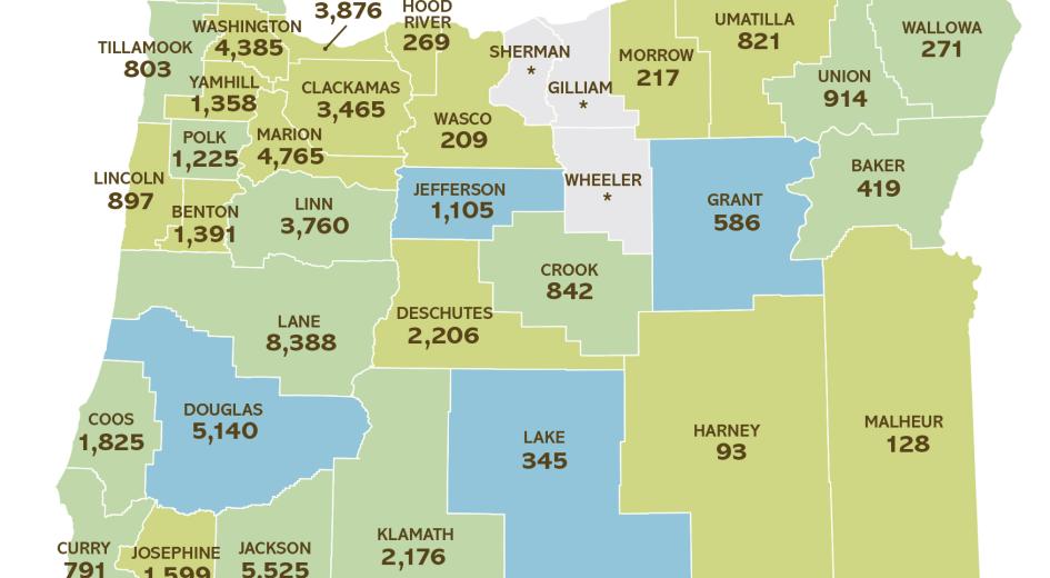 forest employment by Oregon county